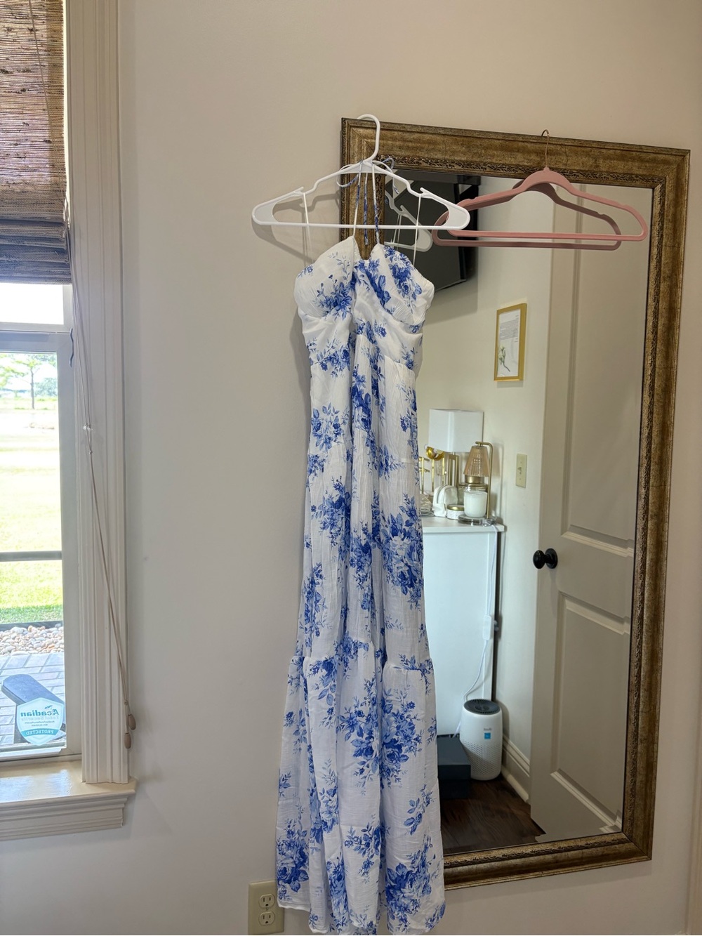 White & Blue Floral Strappy Maxi Dress
